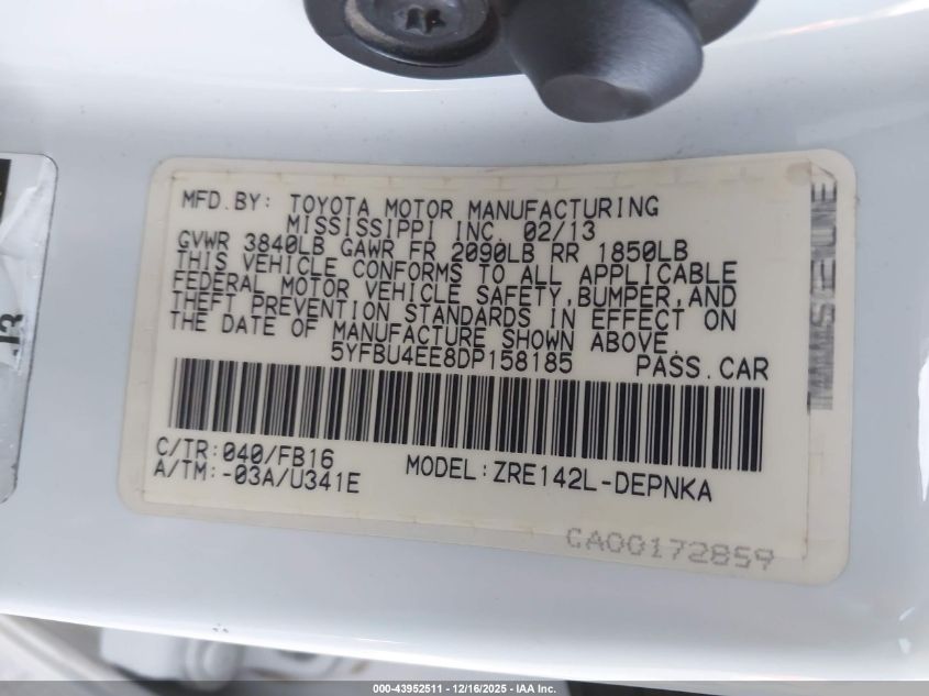 2013 Toyota Corolla Le VIN: 5YFBU4EE8DP158185 Lot: 43952511