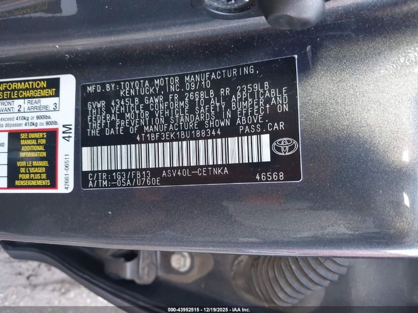 2011 Toyota Camry Le VIN: 4T1BF3EK1BU188344 Lot: 43952515