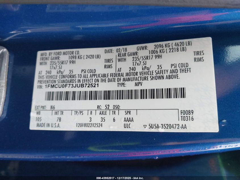 2018 Ford Escape S VIN: 1FMCU0F73JUB72521 Lot: 43952517