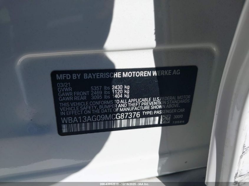 2021 BMW 530E VIN: WBA13AG09MCG87376 Lot: 43952519