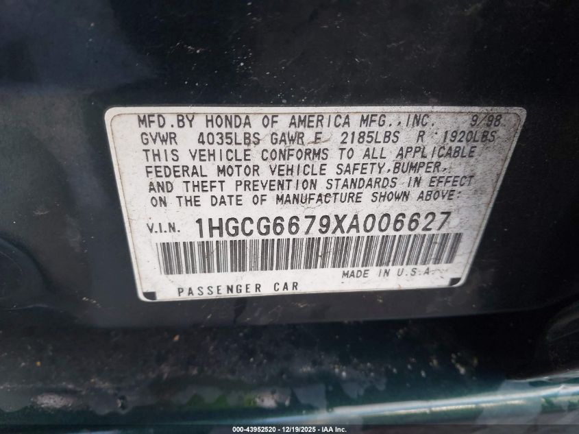 1999 Honda Accord Ex VIN: 1HGCG6679XA006627 Lot: 43952520