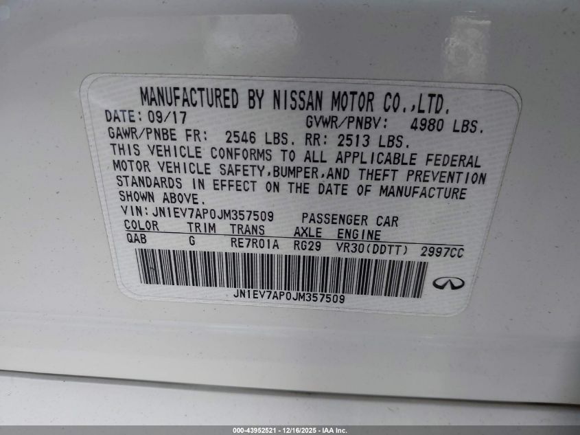 2018 Infiniti Q50 3.0T Sport VIN: JN1EV7AP0JM357509 Lot: 43952521