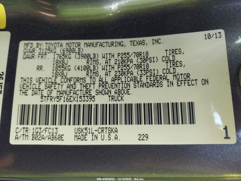 2014 Toyota Tundra Sr5 5.7L V8 VIN: 5TFRY5F16EX153395 Lot: 43952522