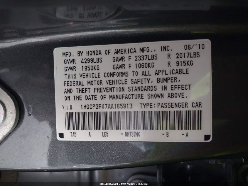 2010 Honda Accord 2.4 Lx-P VIN: 1HGCP2F47AA165913 Lot: 43952524