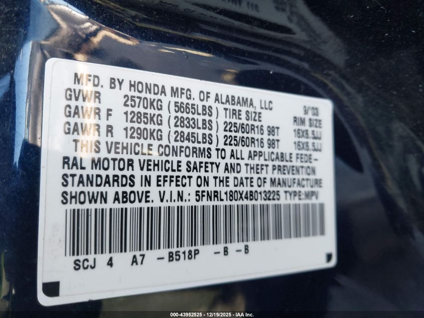 2004 Honda Odyssey Ex-L VIN: 5FNRL180X4B013225 Lot: 43952525