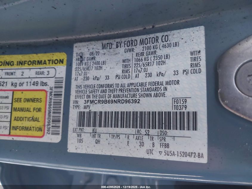 2022 Ford Bronco Sport Big Bend VIN: 3FMCR9B69NRD96392 Lot: 43952528