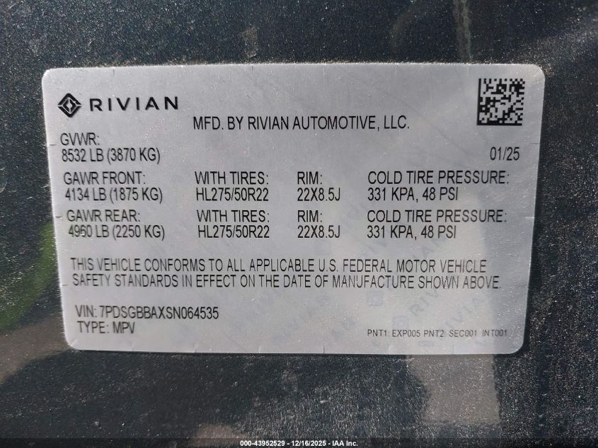 2025 Rivian R1S Adventure Dual Motor Large Pack/Adventure Dual Motor Max Pack VIN: 7PDSGBBAXSN064535 Lot: 43952529