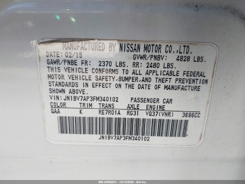 2015 Infiniti Q50 VIN: JN1BV7AP3FM340102 Lot: 43952531