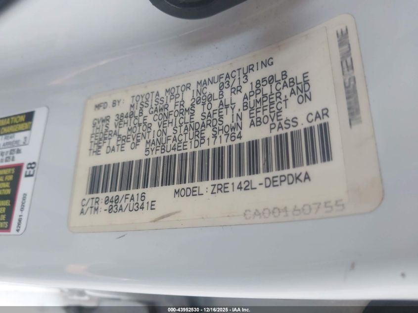 2013 Toyota Corolla L VIN: 5YFBU4EE1DP171764 Lot: 43952530