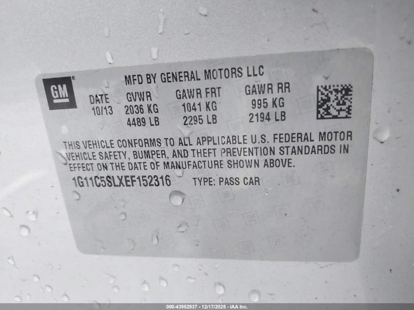 2014 Chevrolet Malibu 1Lt VIN: 1G11C5SLXEF152316 Lot: 43952537