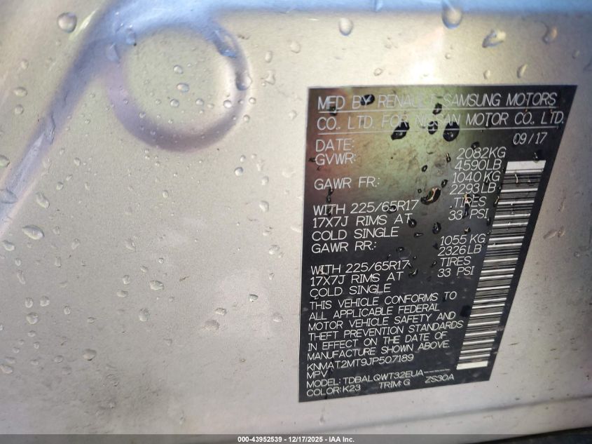 2018 Nissan Rogue Sv VIN: KNMAT2MT9JP507189 Lot: 43952539