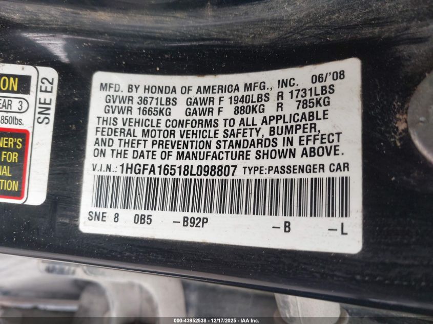 2008 Honda Civic Lx VIN: 1HGFA16518L098807 Lot: 43952538