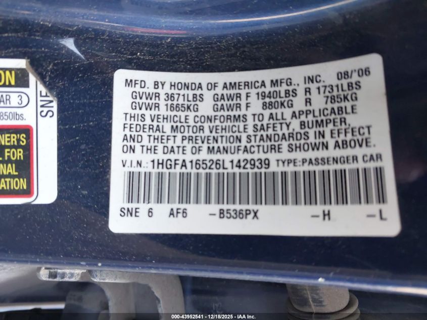 2006 Honda Civic Lx VIN: 1HGFA16526L142939 Lot: 43952541