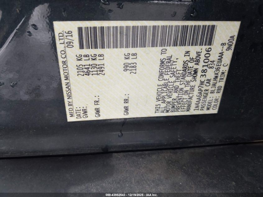 2017 Nissan Maxima 3.5 Platinum VIN: 1N4AA6AP7HC381006 Lot: 43952543