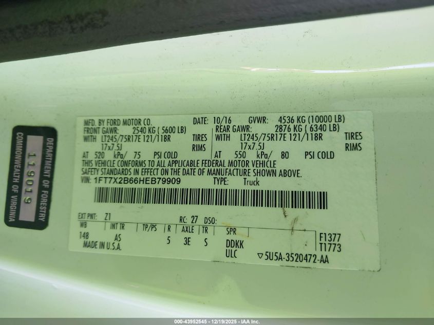 2017 Ford F-250 Xl VIN: 1FT7X2B66HEB79909 Lot: 43952545