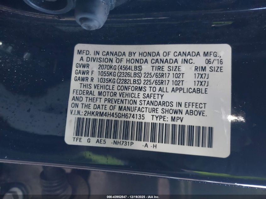 2016 Honda Cr-V Se VIN: 2HKRM4H45GH674135 Lot: 43952547