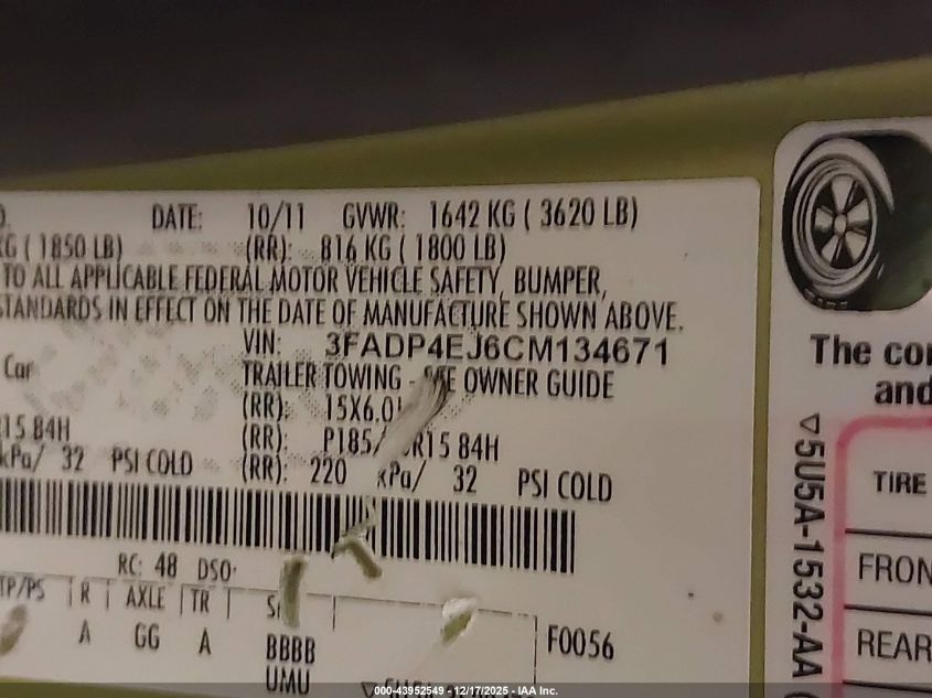 2012 Ford Fiesta Se VIN: 3FADP4EJ6CM134671 Lot: 43952549