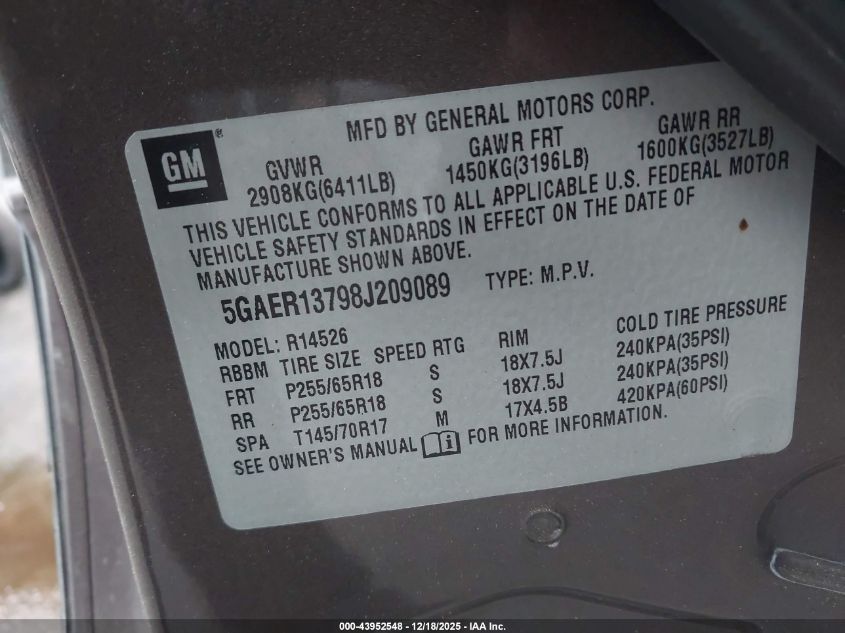 2008 Buick Enclave Cx VIN: 5GAER13798J209089 Lot: 43952548