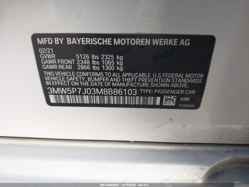 2021 BMW 3 Series 330E VIN: 3MW5P7J03M8B86103 Lot: 43952550