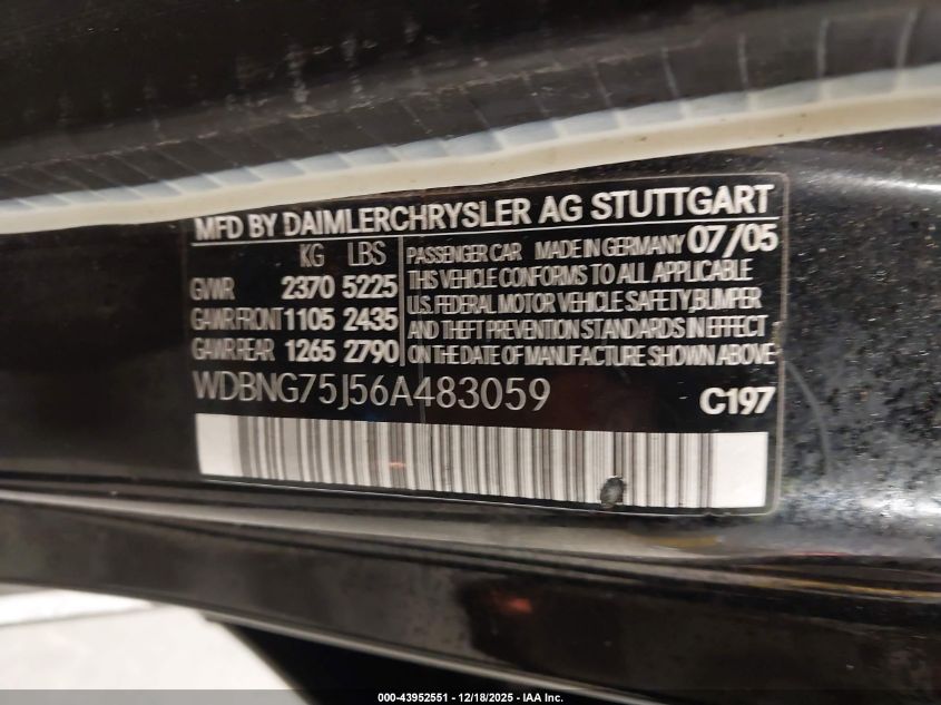 2006 Mercedes-Benz S 500 VIN: WDBNG75J56A483059 Lot: 43952551