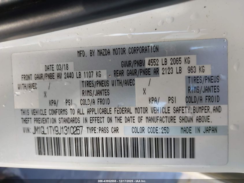 2018 Mazda Mazda6 Grand Touring VIN: JM1GL1TY9J1310267 Lot: 43952555