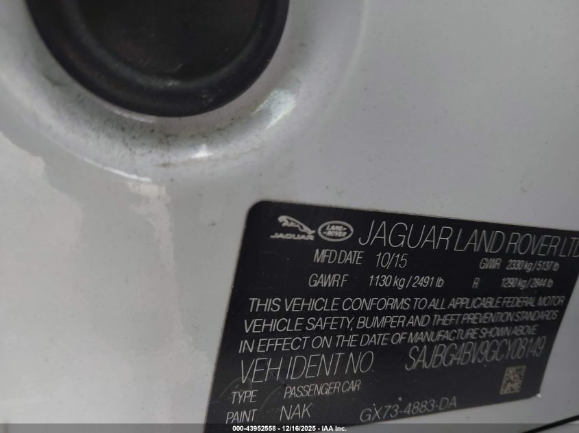 2016 Jaguar Xf S VIN: SAJBG4BV9GCY08149 Lot: 43952558