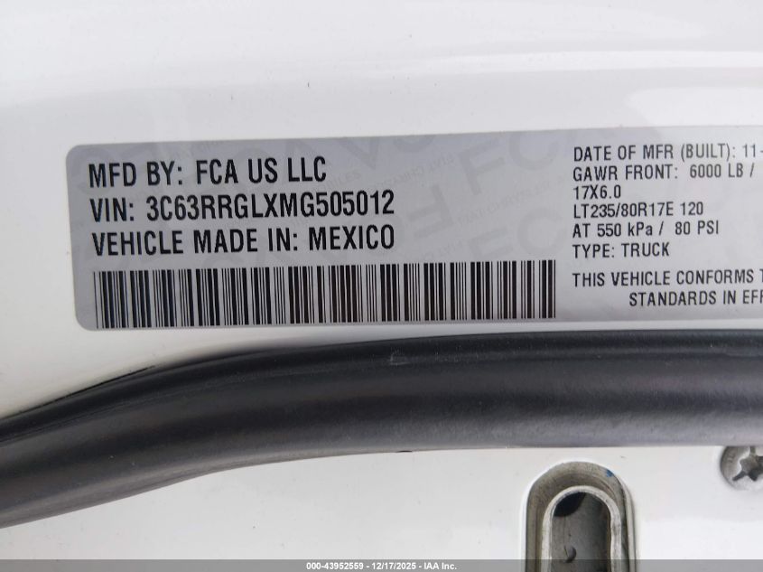 2021 Ram 3500 Tradesman 4X4 8' Box VIN: 3C63RRGLXMG505012 Lot: 43952559