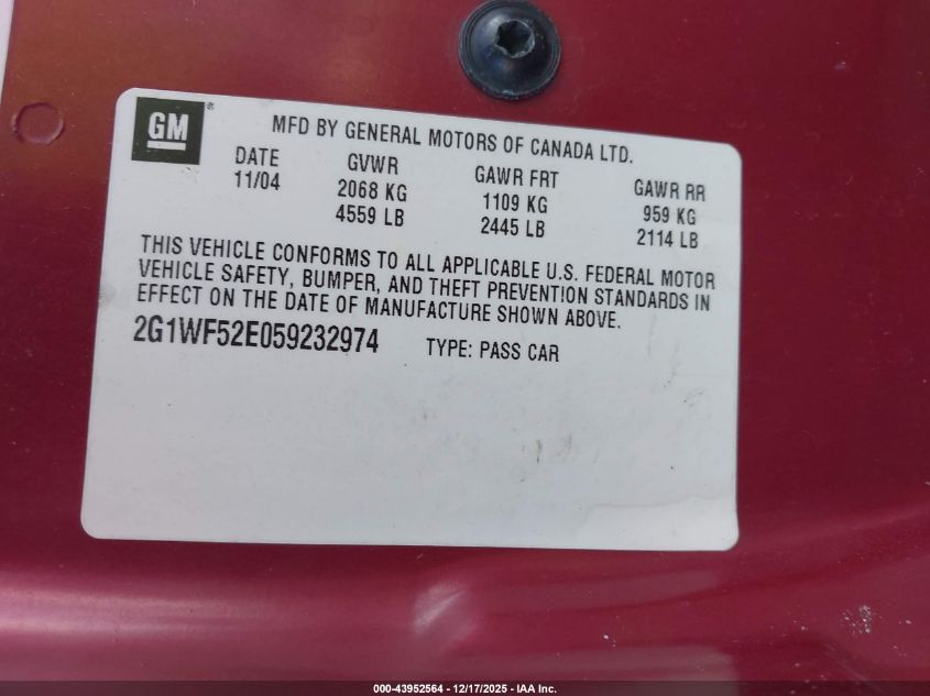 2005 Chevrolet Impala VIN: 2G1WF52E059232974 Lot: 43952564