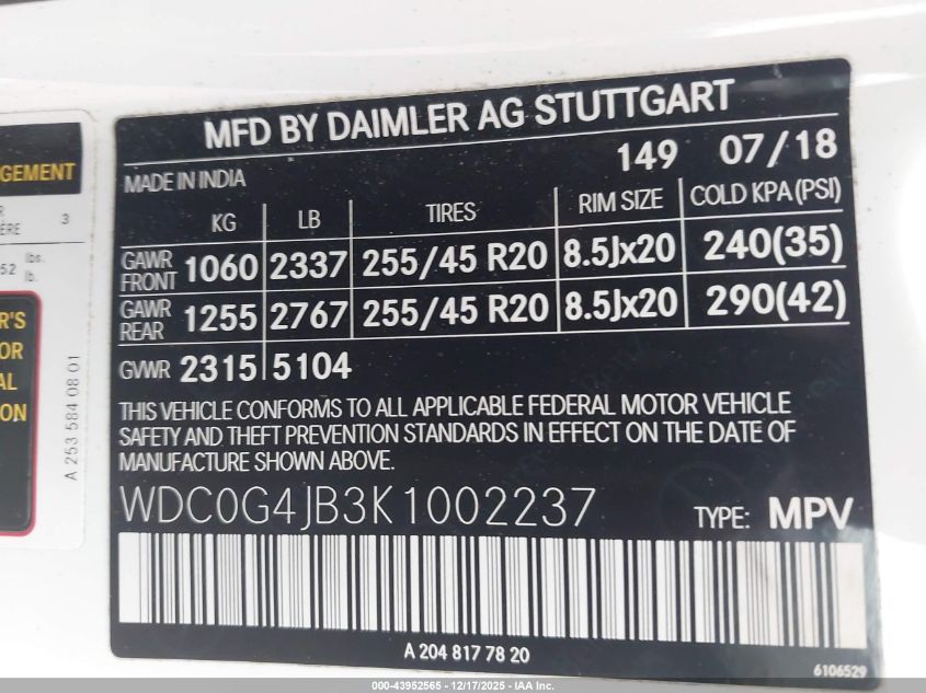 2019 Mercedes-Benz Glc 300 VIN: WDC0G4JB3K1002237 Lot: 43952565