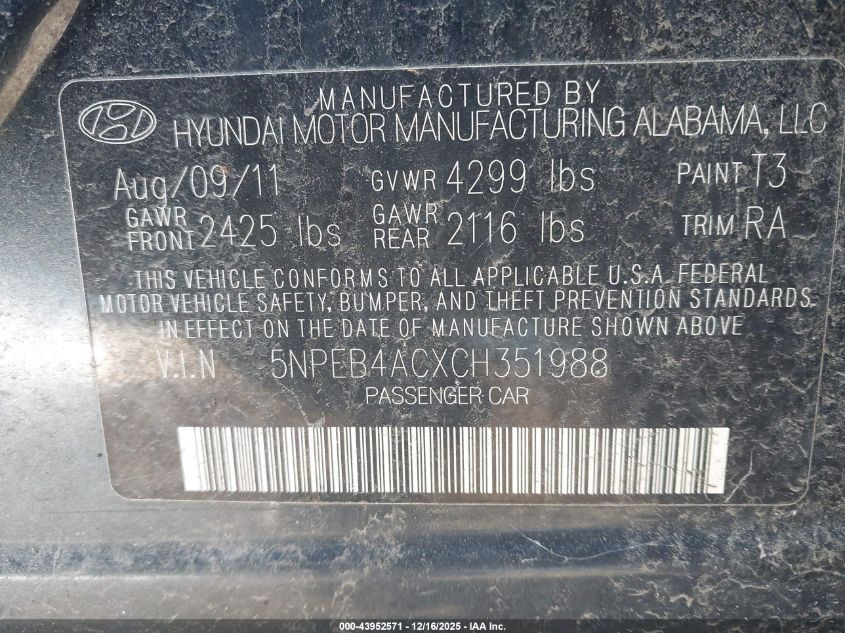 2012 Hyundai Sonata Gls VIN: 5NPEB4ACXCH351988 Lot: 43952571