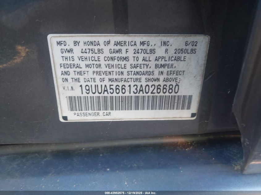 2003 Acura Tl 3.2 VIN: 19UUA56613A026680 Lot: 43952575