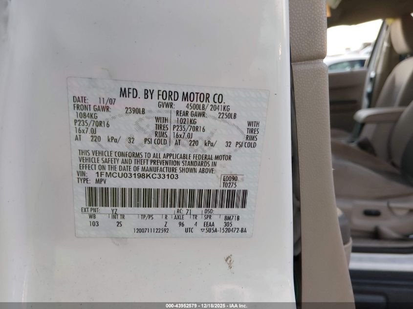 2008 Ford Escape Xlt VIN: 1FMCU03198KC33103 Lot: 43952579