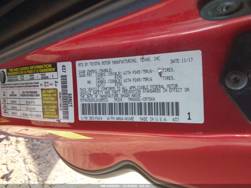 2018 Toyota Tacoma Sr VIN: 5TFRX5GN3JX105531 Lot: 43952582