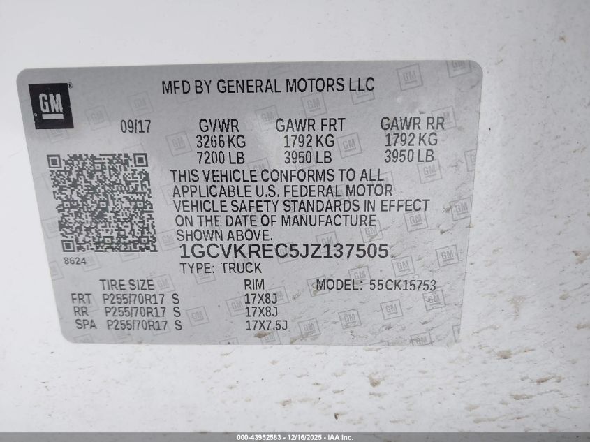 2018 Chevrolet Silverado 1500 1Lt VIN: 1GCVKREC5JZ137505 Lot: 43952583