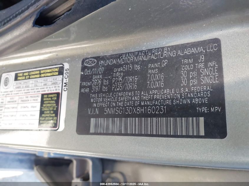 2008 Hyundai Santa Fe Gls VIN: 5NMSG13DX8H160231 Lot: 43952584