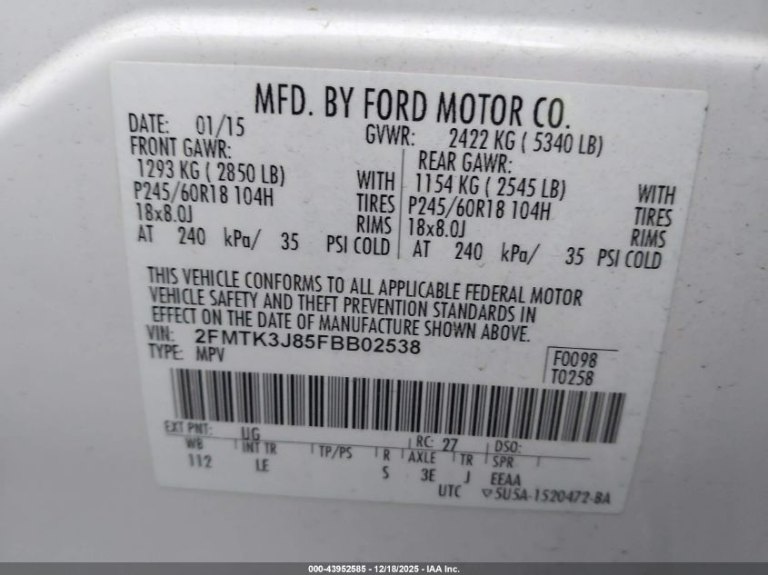 2015 Ford Edge Sel VIN: 2FMTK3J85FBB02538 Lot: 43952585