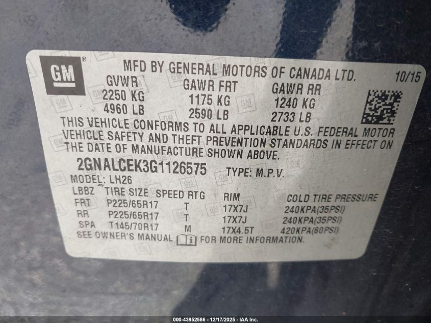 2016 Chevrolet Equinox Lt VIN: 2GNALCEK3G1126575 Lot: 43952586