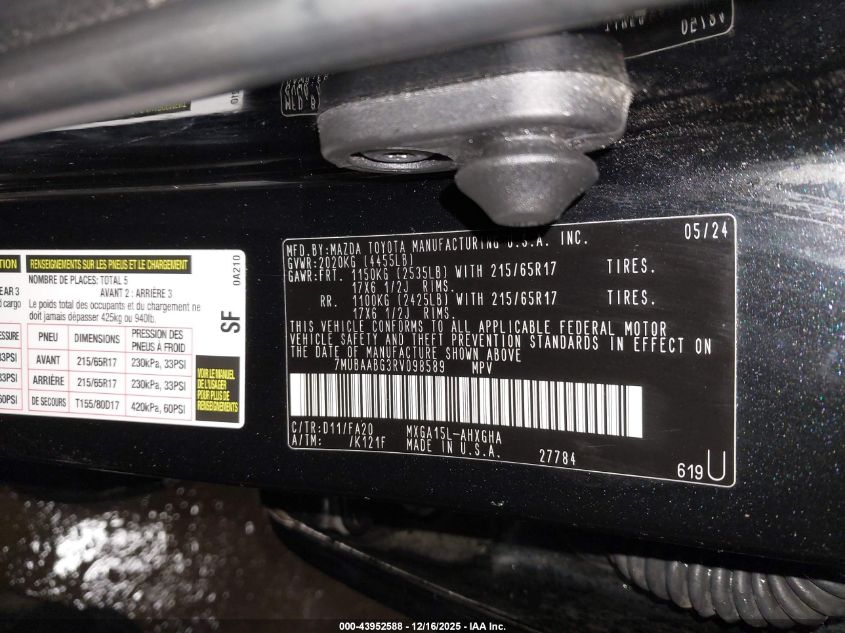 2024 Toyota Corolla Cross Le VIN: 7MUBAABG3RV098589 Lot: 43952588