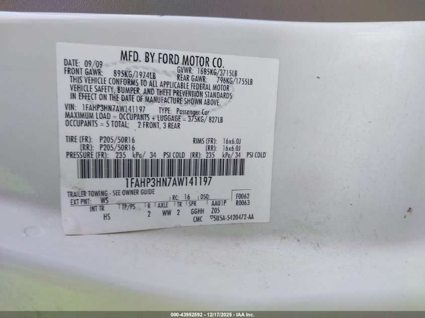 2010 Ford Focus Sel VIN: 1FAHP3HN7AW141197 Lot: 43952592