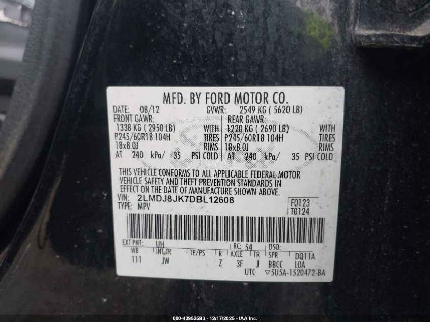 2LMDJ8JK7DBL12608 2013 LINCOLN MKX photo no. 9