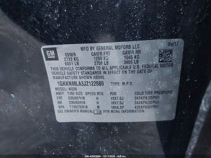 2018 GMC Acadia Slt-1 VIN: 1GKKNMLA3JZ122889 Lot: 43952596