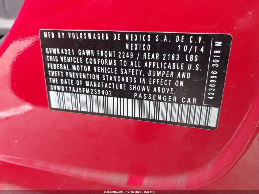 2015 Volkswagen Jetta 1.8T Se VIN: 3VWD17AJ5FM239402 Lot: 43952598
