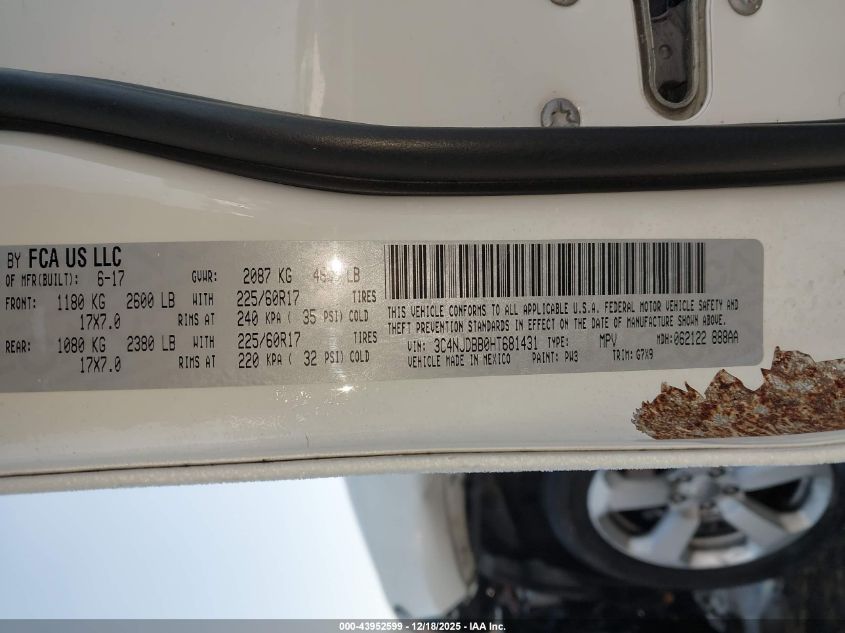 2017 Jeep New Compass Latitude 4X4 VIN: 3C4NJDBB0HT681431 Lot: 43952599