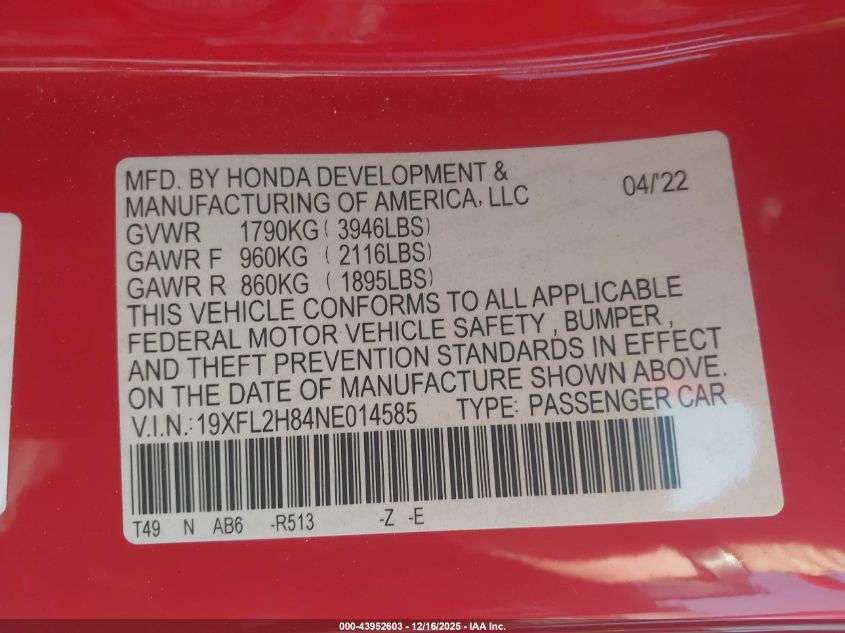 2022 Honda Civic Sport VIN: 19XFL2H84NE014585 Lot: 43952603