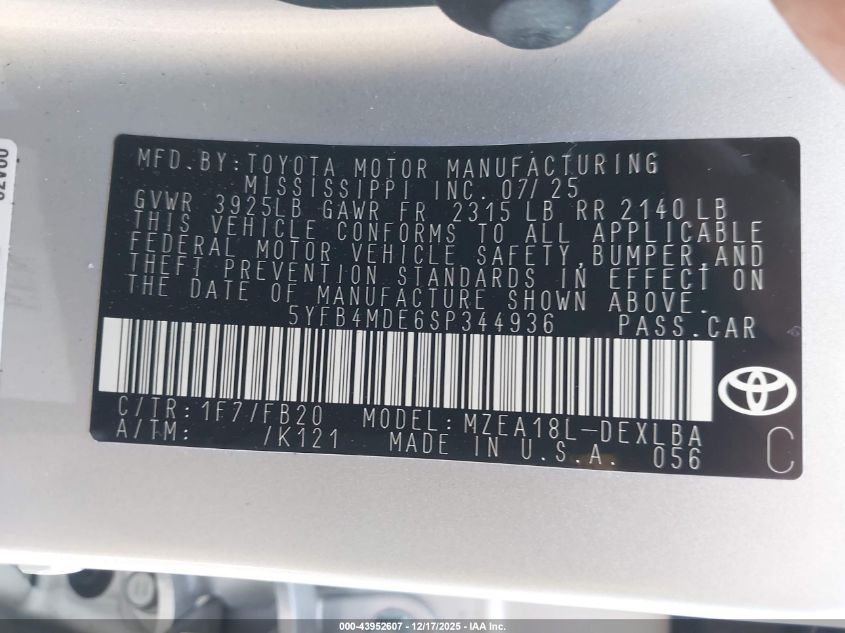2025 Toyota Corolla Le VIN: 5YFB4MDE6SP344936 Lot: 43952607
