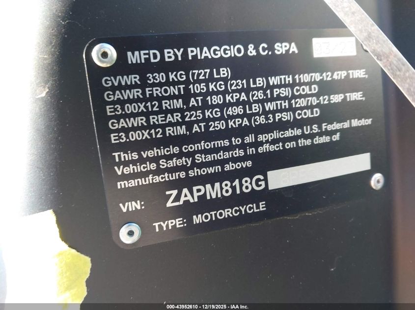 2023 Vespa Primavera/Sprint 150 VIN: ZAPM818G8P5909956 Lot: 43952610