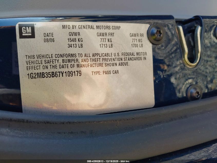 2007 Pontiac Solstice VIN: 1G2MB35B67Y109179 Lot: 43952613