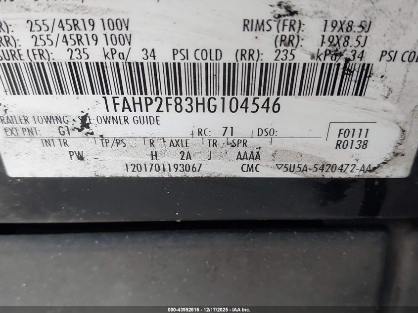 2017 Ford Taurus Limited VIN: 1FAHP2F83HG104546 Lot: 43952616