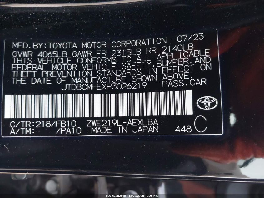 2023 Toyota Corolla Hybrid Le VIN: JTDBCMFEXP3026219 Lot: 43952619