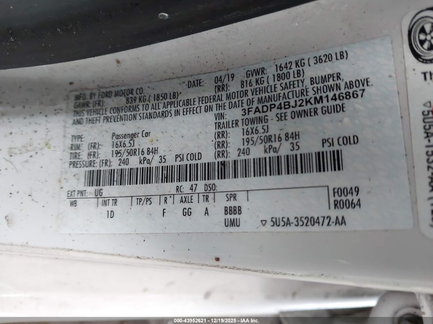 2019 Ford Fiesta Se VIN: 3FADP4BJ2KM146867 Lot: 43952621